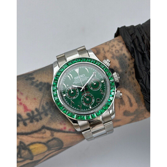 Custom Seiko Mod • Green Diamond Arabic Daytona • 39.5mm